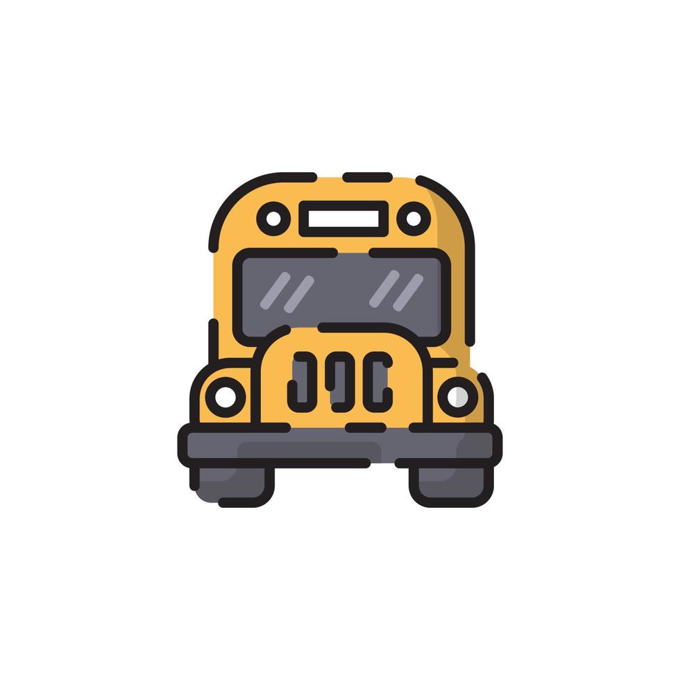 dibujos animados de diseño plano de coche de autobús escolar amarillo lindo para camisa, póster, tarjeta de regalo, portada, logotipo, pegatina e icono. vector