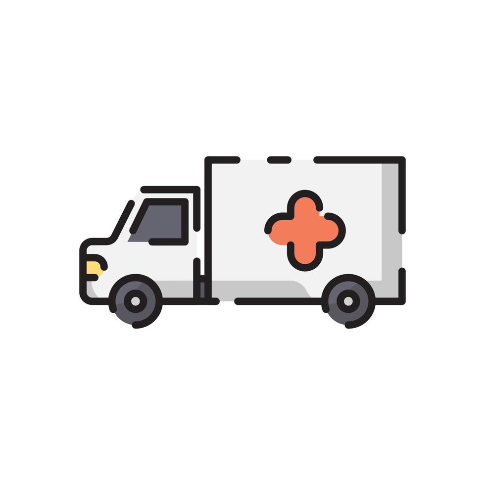 linda caricatura de diseño plano de camión médico de ambulancia para camisa, afiche, tarjeta de regalo, portada, logotipo, pegatina e icono. vector