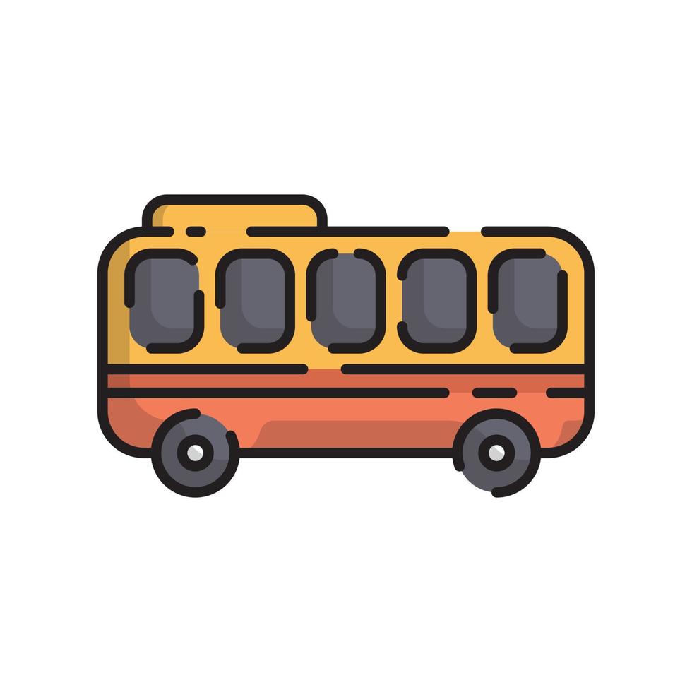 linda caricatura de diseño plano de autobús naranja para camisa, afiche, tarjeta de regalo, portada, logotipo, pegatina e icono. vector