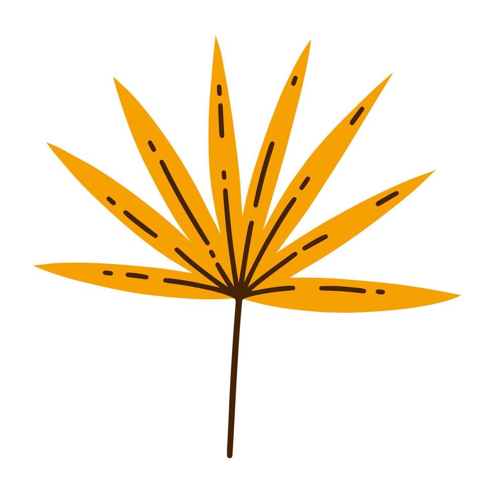 Fan palm branch with yellow leaves vector icon. Hand drawn tropical plant with veiny leaves, on a stem. Withering autumn herb, flat cartoon clipart. Illustration isolated on white. Exotic tree twig