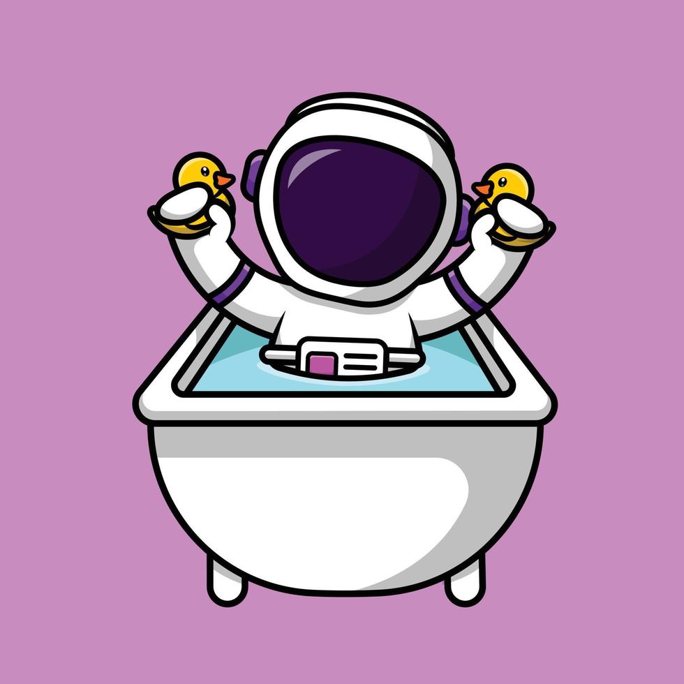 lindo astronauta jugando juguete de pato amarillo en la ilustración de icono de vector de dibujos animados de bañera. ciencia tecnología icono concepto aislado vector premium.