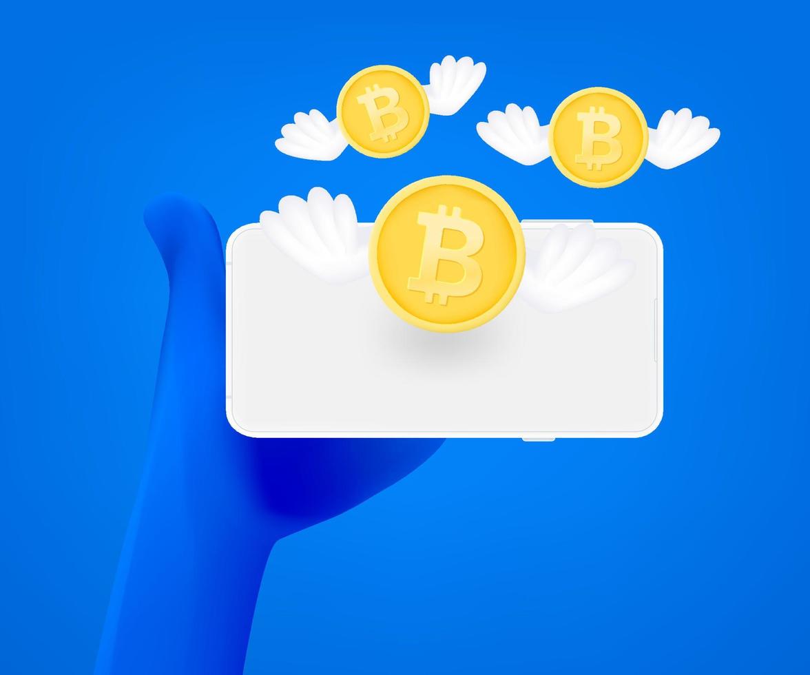 Mining bitcoins using mobile application. 3d vector concept