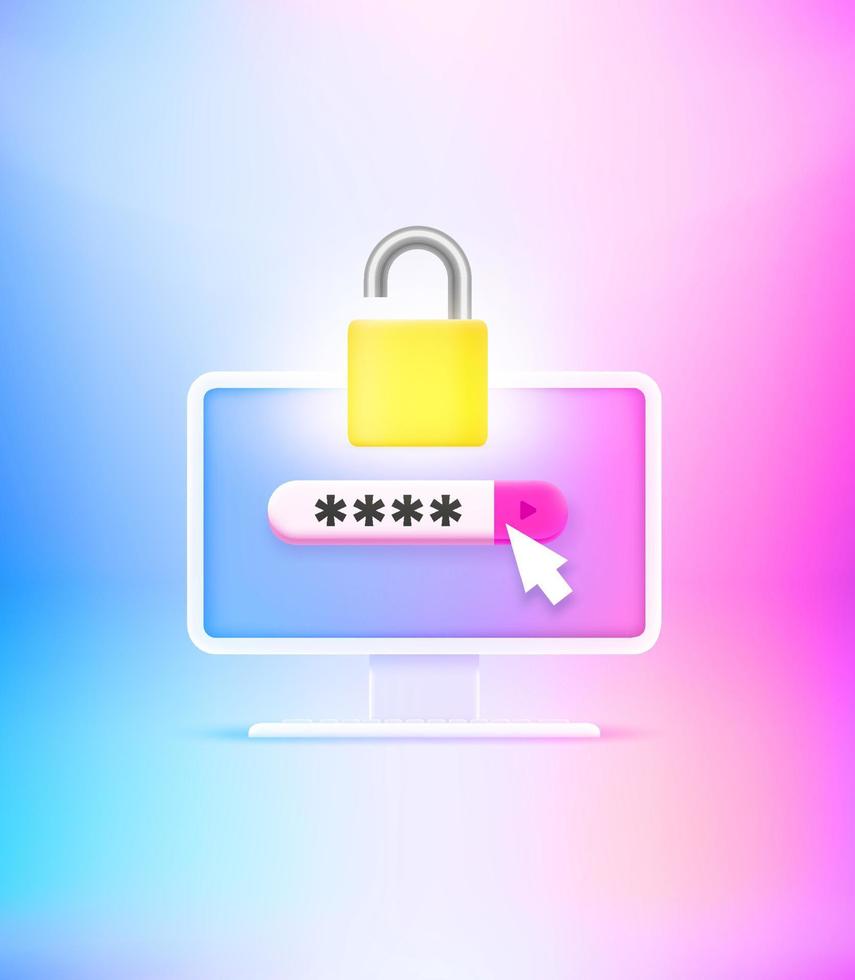 Inputting password to unlock the computer. 3d vector illustration