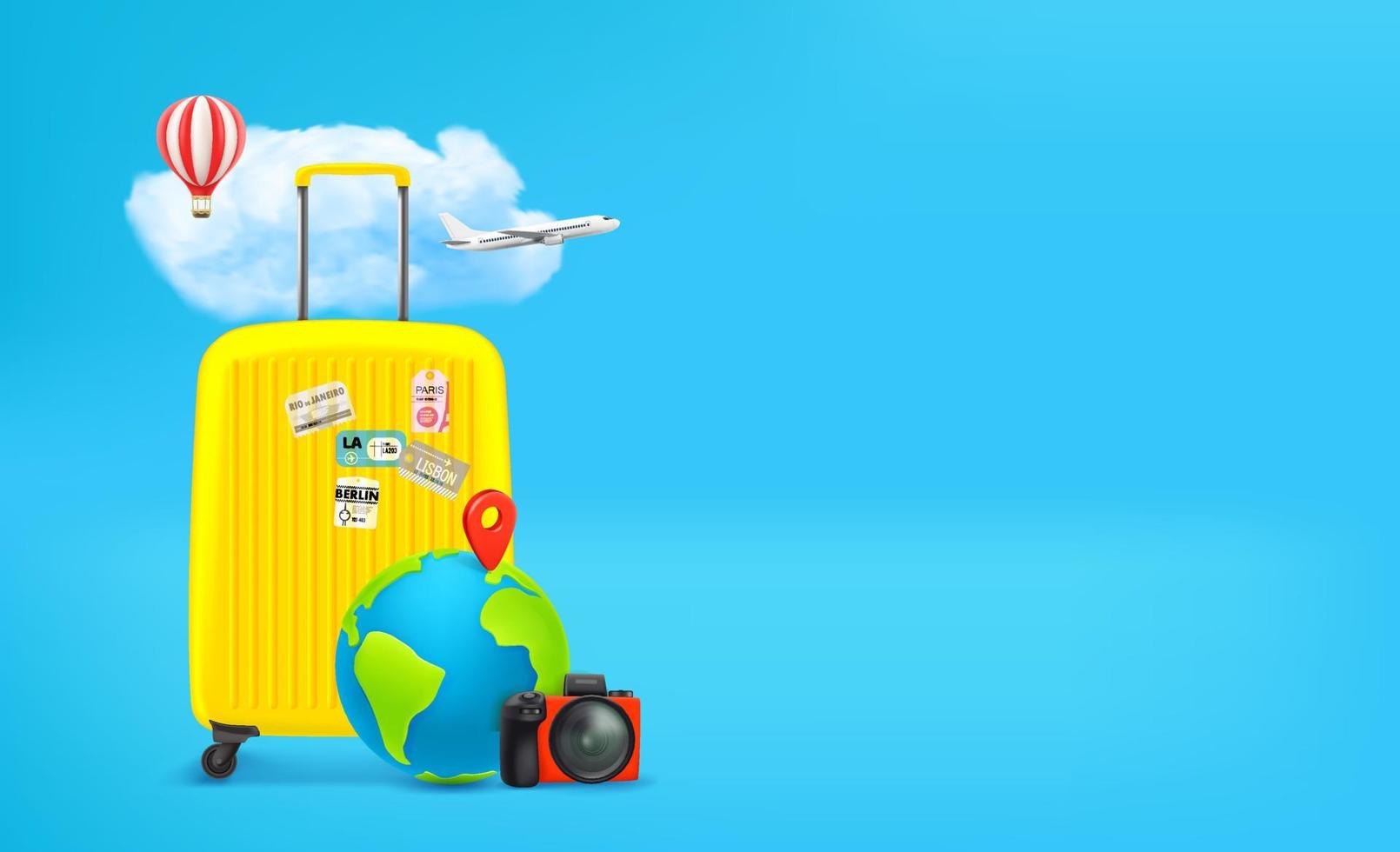 Yellow travel suitcase with travel accessories. World travel concept. 3d vector banner with copy space