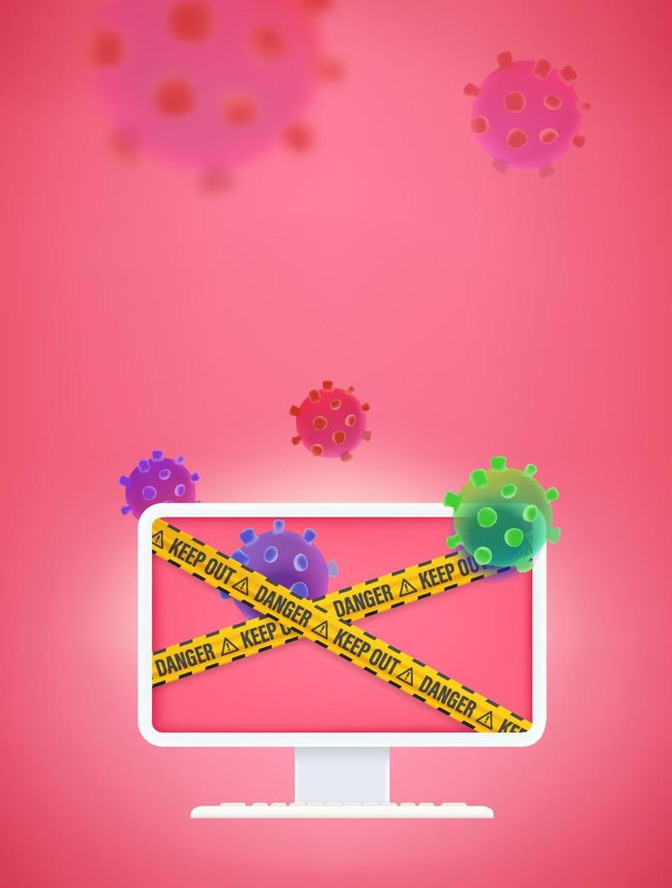 Aware of internet faraud and viruses. Modern computer monitor with ribbons on the screen. 3d vector vertical banner with copy space