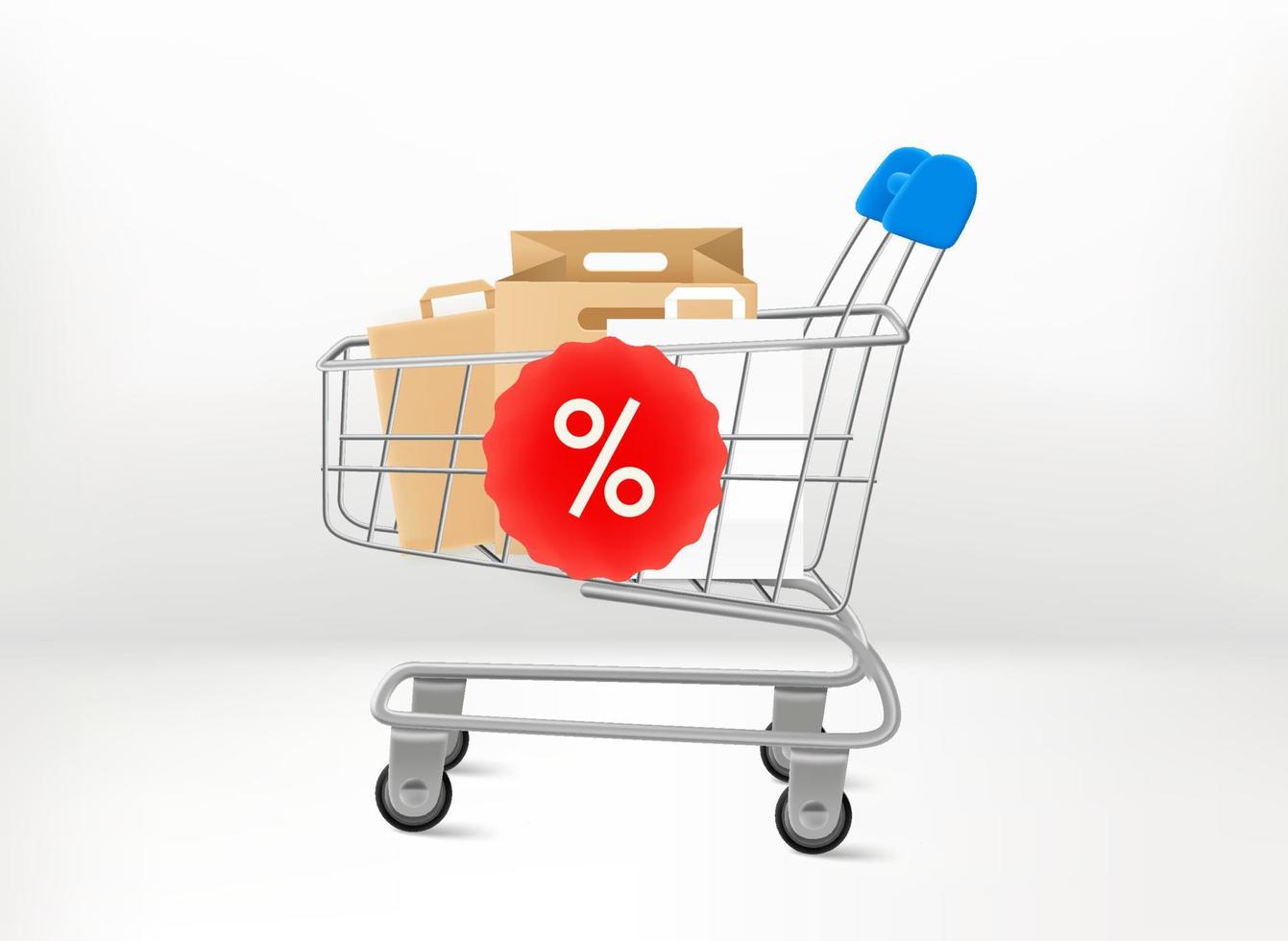 Supermarket metal shopping cart with purchases. 3d vector illustration