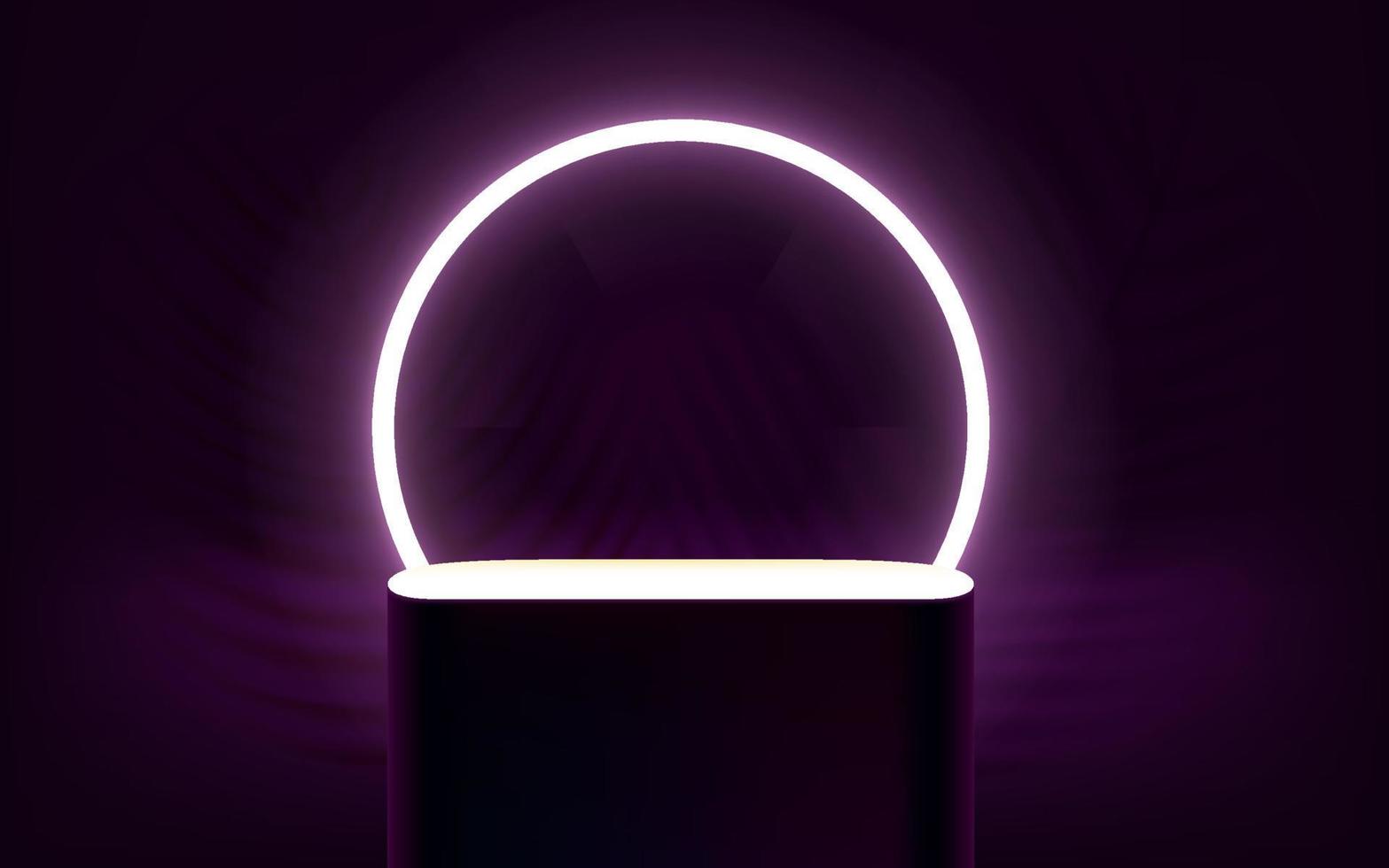 Dark violet room with glowing stage and bright white neon circle vector