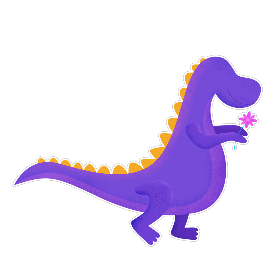 Cute dinosaur character holding flowers png