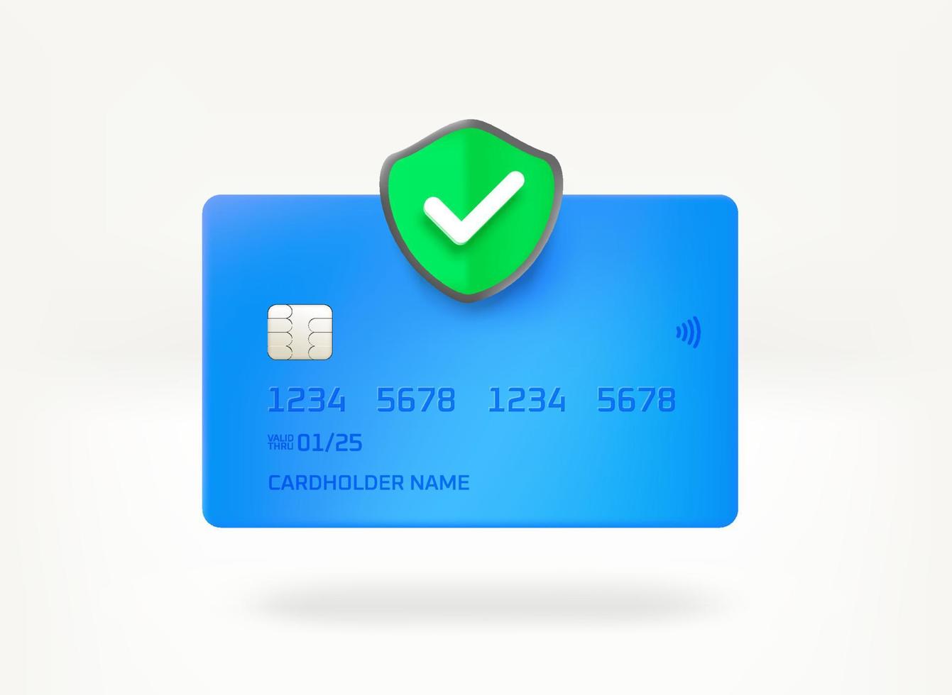 Plastic banking card with guard icon. 3d vector illustration