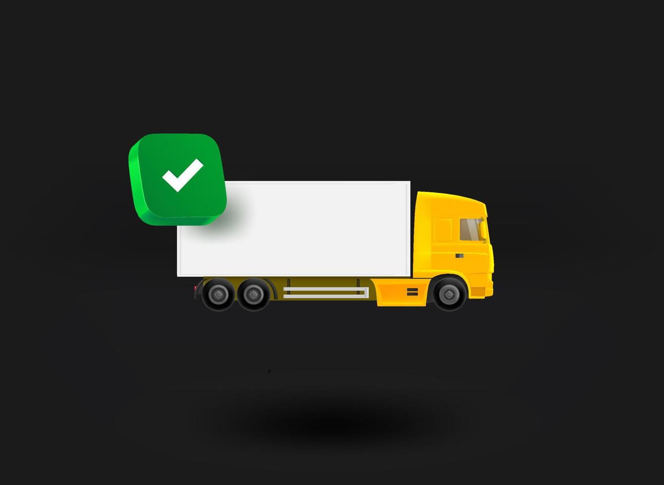 Yellow truck with checkmark icon. 3d vector illustration