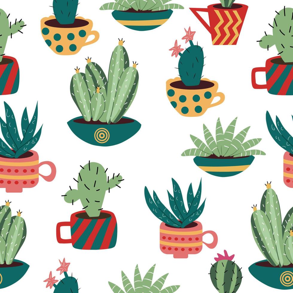 Colourful and bright seamless pattern with colourful cacti in the cups on the white background. vector