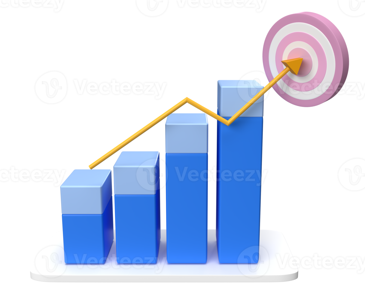 Business graph with arrow  and target board for data analysis 3d render png