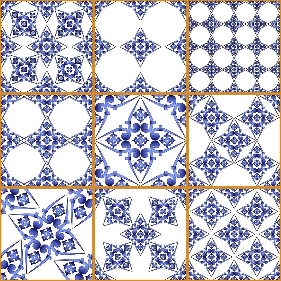 Seamless patchwork tile. Majolica pottery tile. Portuguese and Spain decor. Ceramic tile in talavera style. Vector illustration.  Abstract seamless patchwork pattern with geometric and floral ornament