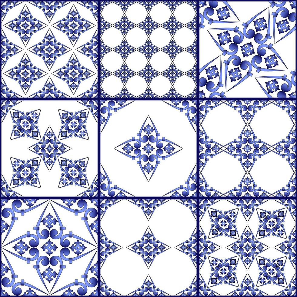 Seamless patchwork tile. Majolica pottery tile. Portuguese and Spain decor. Ceramic tile in talavera style. Vector illustration.  Abstract seamless patchwork pattern with geometric and floral ornament