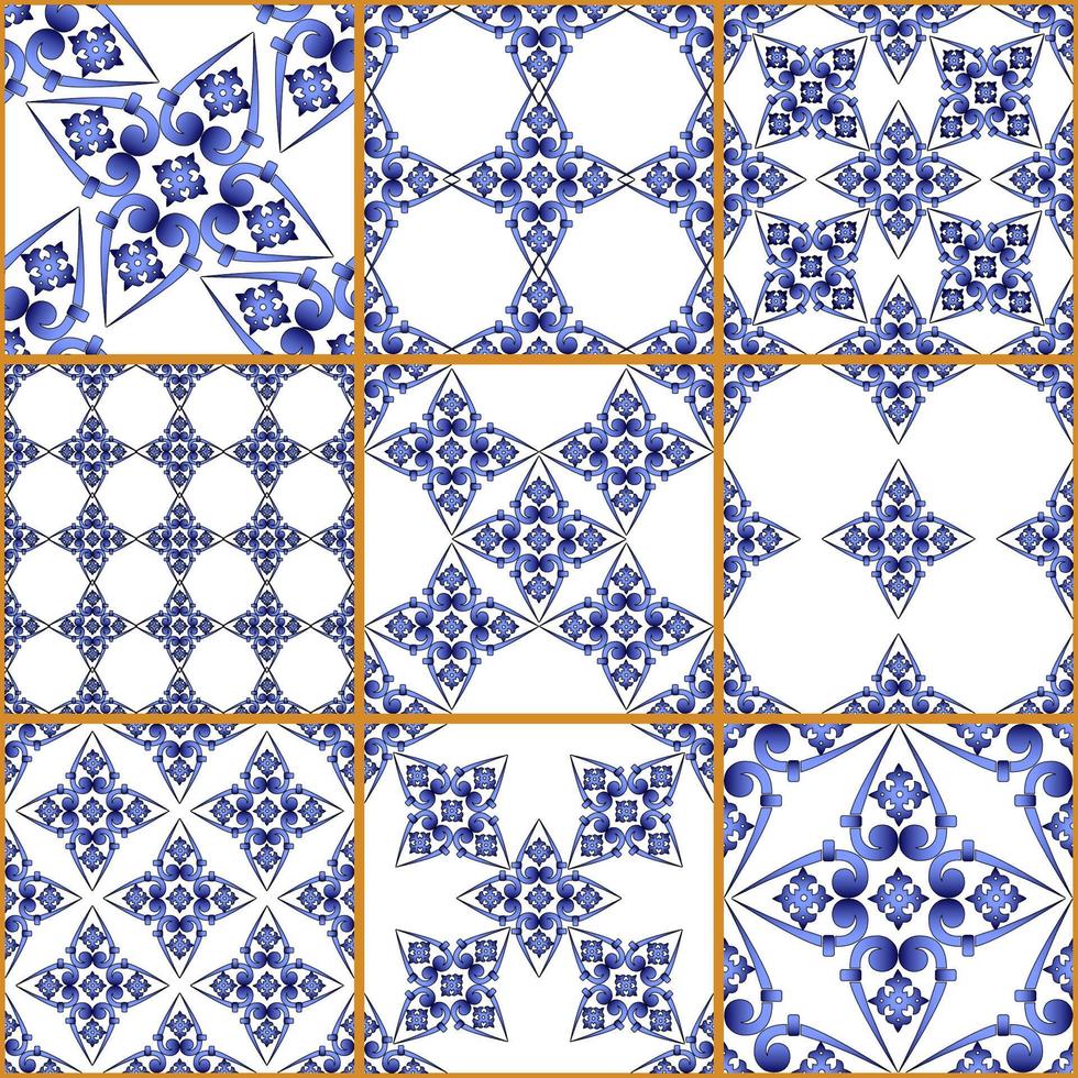 Seamless patchwork tile. Majolica pottery tile. Portuguese and Spain decor. Ceramic tile in talavera style. Vector illustration.  Abstract seamless patchwork pattern with geometric and floral ornament