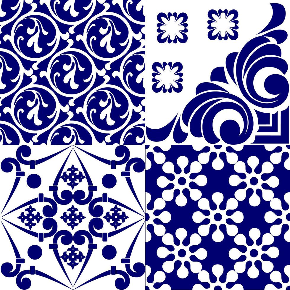 Seamless patchwork tile. Majolica pottery tile. Portuguese and Spain decor. Ceramic tile in talavera style. Vector illustration.  Abstract seamless patchwork pattern with geometric and floral ornament