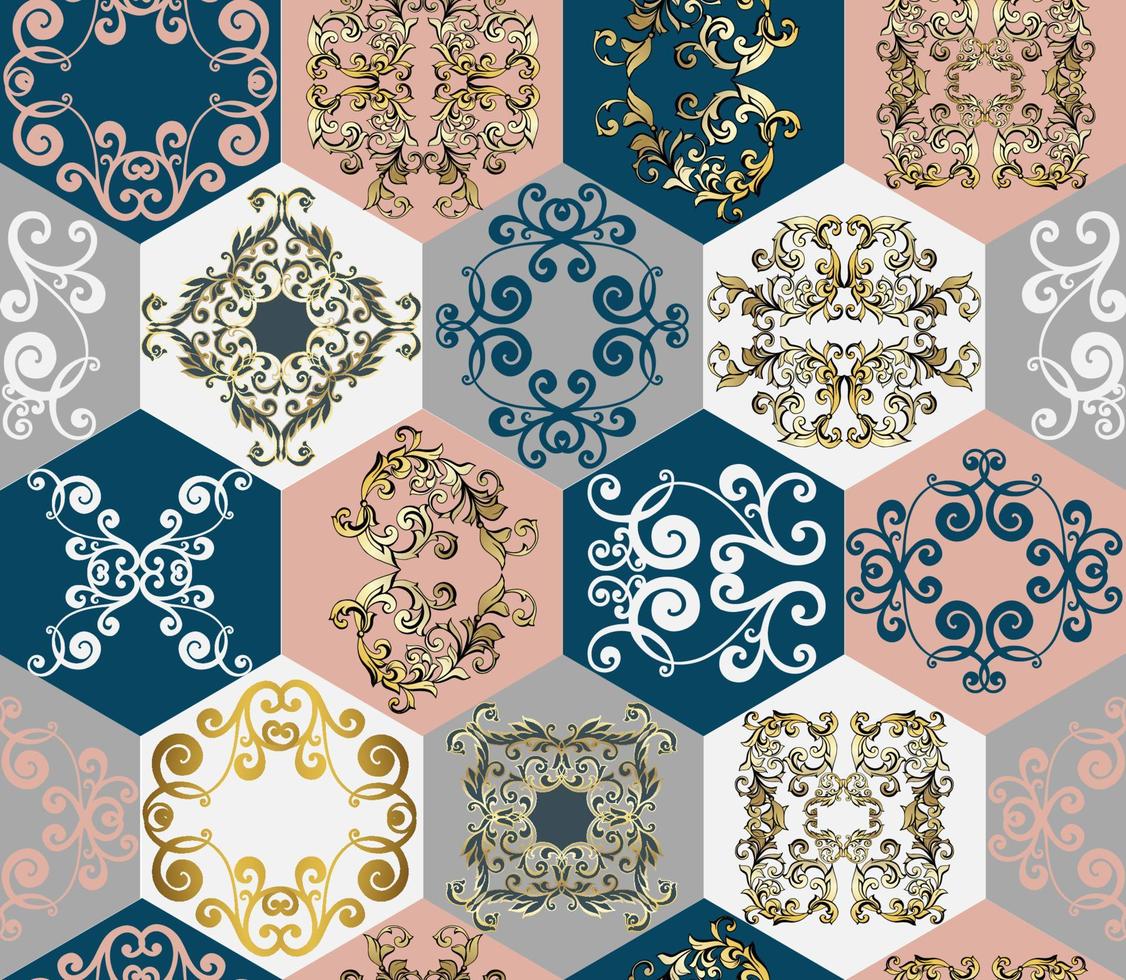 Seamless patchwork tile. Majolica pottery tile. Portuguese and Spain decor. Ceramic tile in talavera style. Vector illustration.  Abstract seamless patchwork pattern with geometric and floral ornament