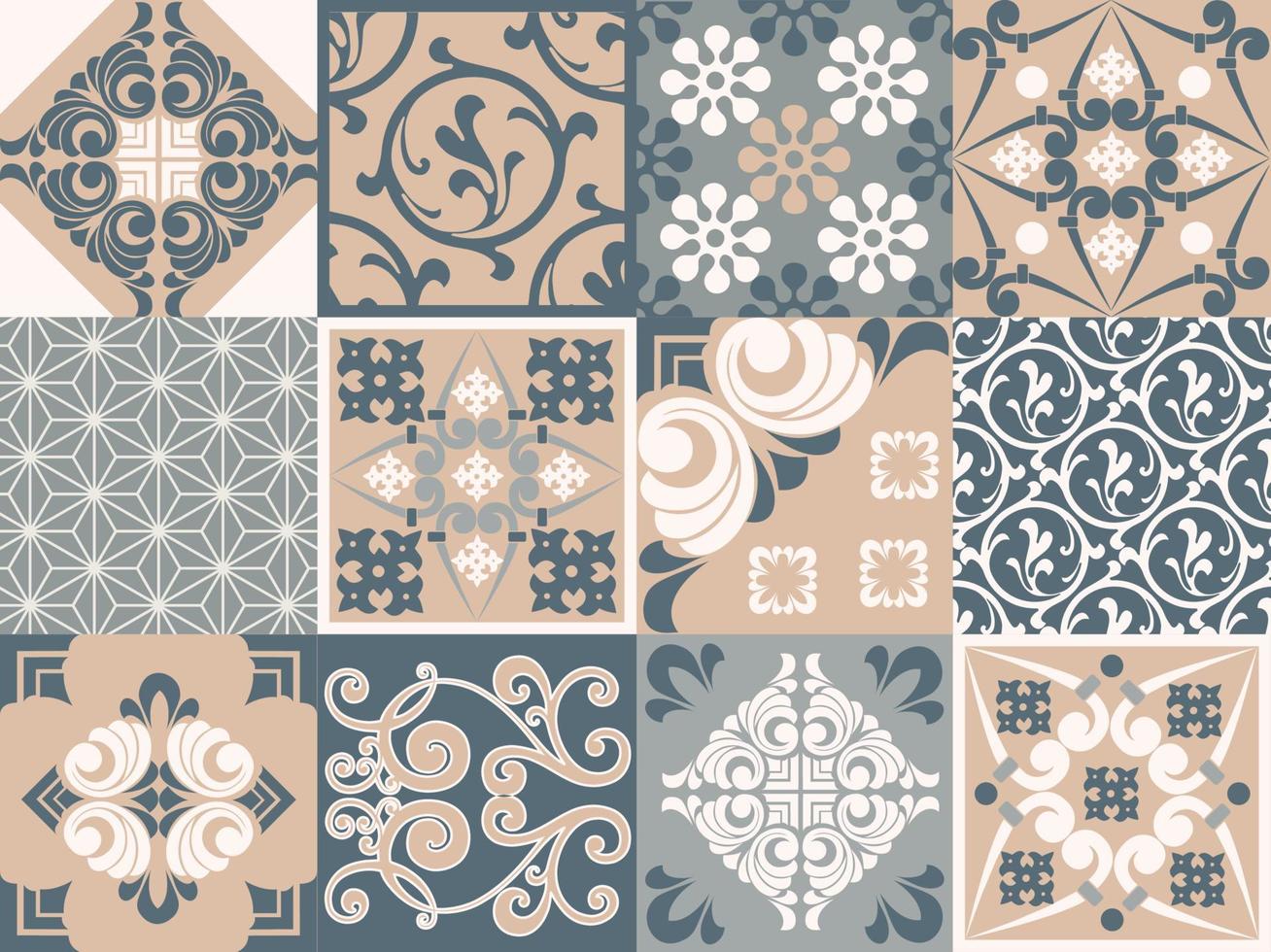 Seamless patchwork tile. Majolica pottery tile. Portuguese and Spain decor. Ceramic tile in talavera style. Vector illustration.  Abstract seamless patchwork pattern with geometric and floral ornament