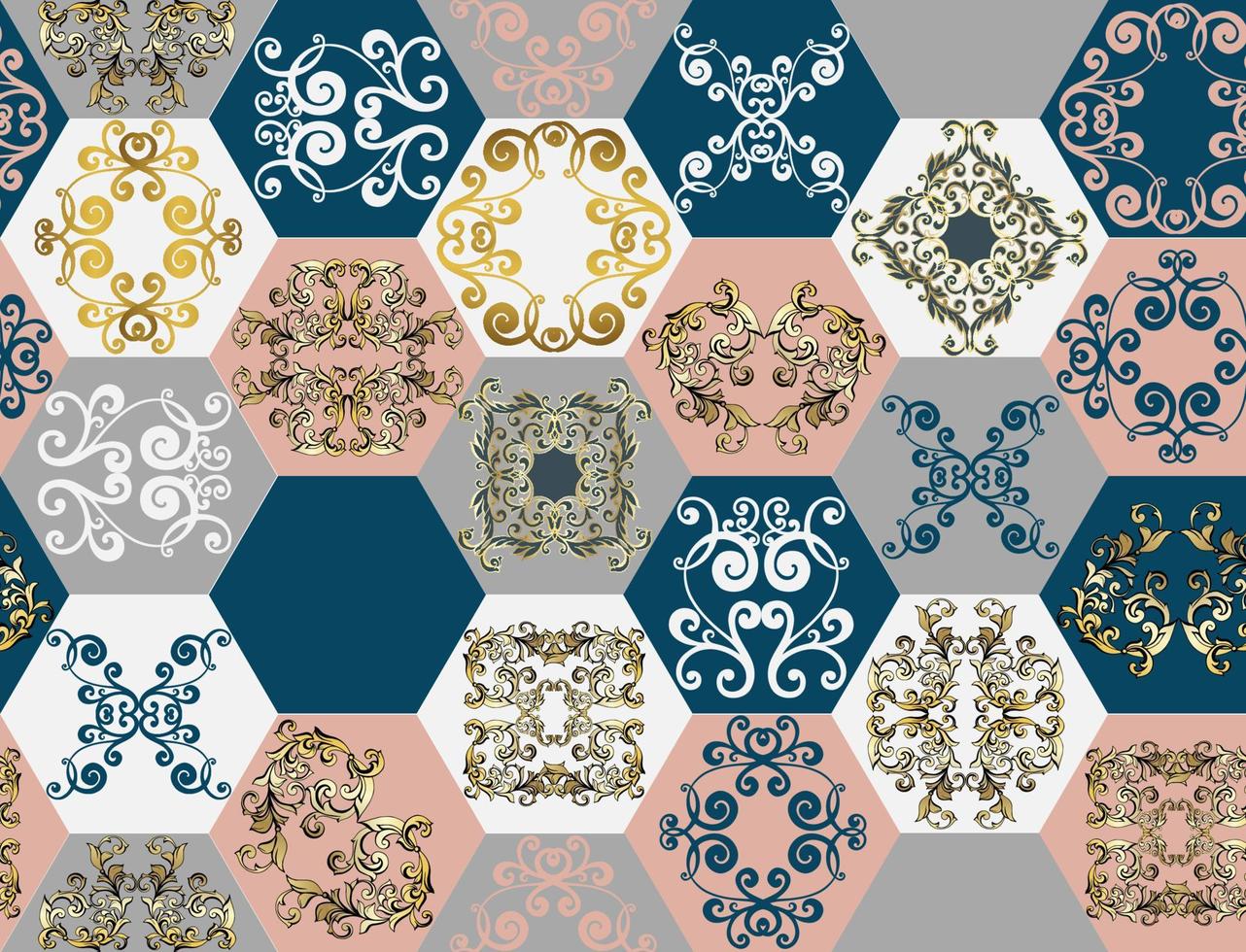 Seamless patchwork tile. Majolica pottery tile. Portuguese and Spain decor. Ceramic tile in talavera style. Vector illustration.  Abstract seamless patchwork pattern with geometric and floral ornament