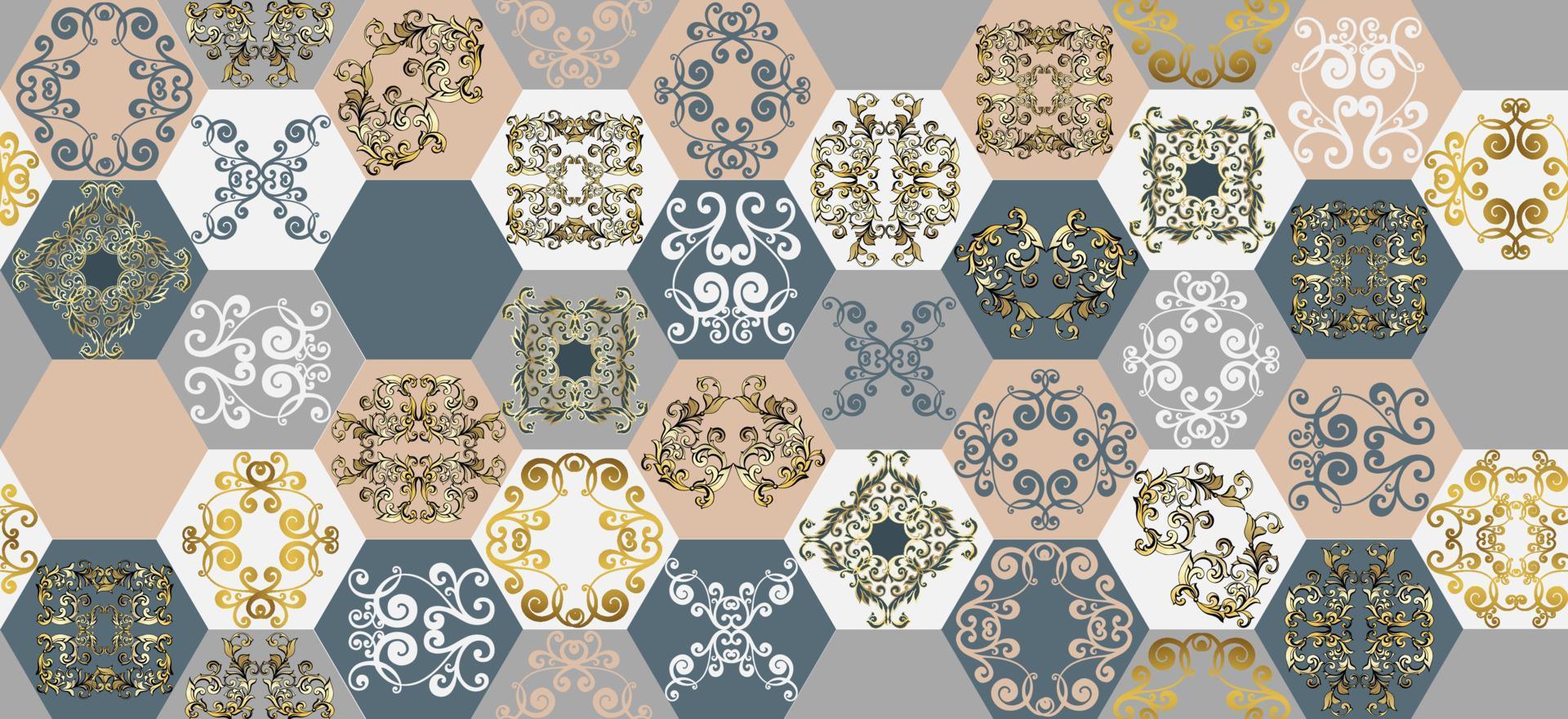 Seamless patchwork tile. Majolica pottery tile. Portuguese and Spain decor. Ceramic tile in talavera style. Vector illustration.  Abstract seamless patchwork pattern with geometric and floral ornament