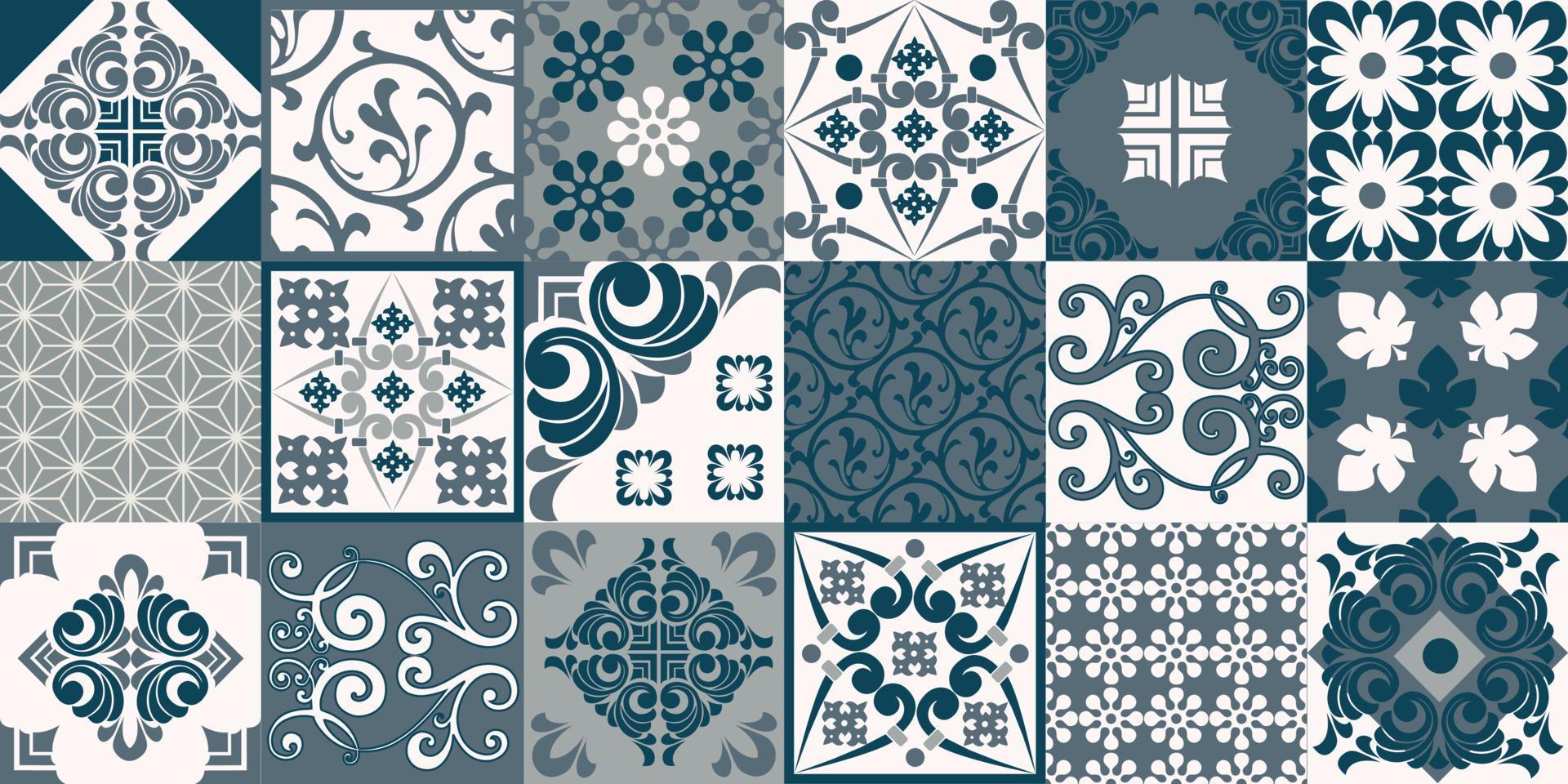 Seamless patchwork tile. Majolica pottery tile. Portuguese and Spain decor. Ceramic tile in talavera style. Vector illustration.  Abstract seamless patchwork pattern with geometric and floral ornament