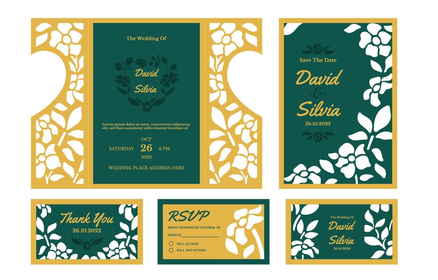 conjunto de diseño de invitación de boda cortado con láser vector