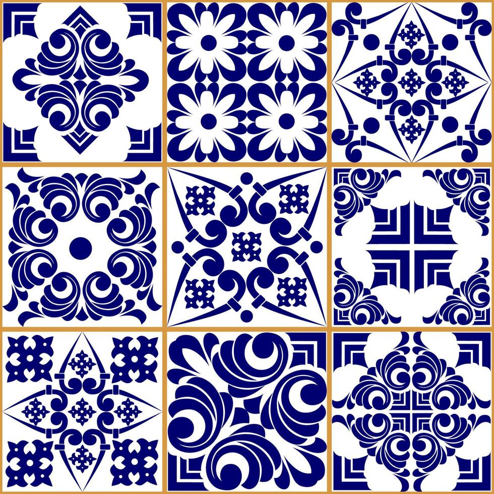 Seamless patchwork tile. Majolica pottery tile. Portuguese and Spain decor. Ceramic tile in talavera style. Vector illustration.  Abstract seamless patchwork pattern with geometric and floral ornament