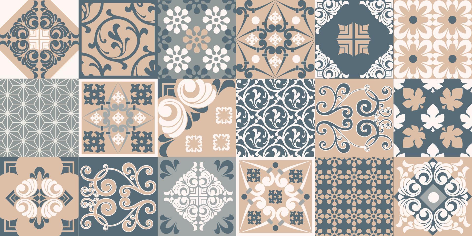 Seamless patchwork tile. Majolica pottery tile. Portuguese and Spain decor. Ceramic tile in talavera style. Vector illustration.  Abstract seamless patchwork pattern with geometric and floral ornament