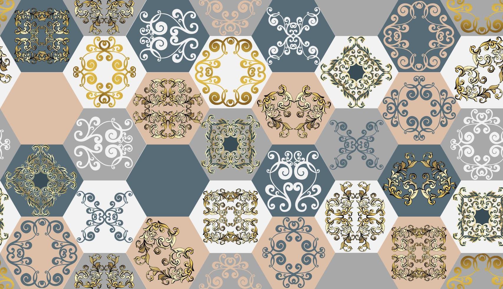 Seamless patchwork tile. Majolica pottery tile. Portuguese and Spain decor. Ceramic tile in talavera style. Vector illustration.  Abstract seamless patchwork pattern with geometric and floral ornament