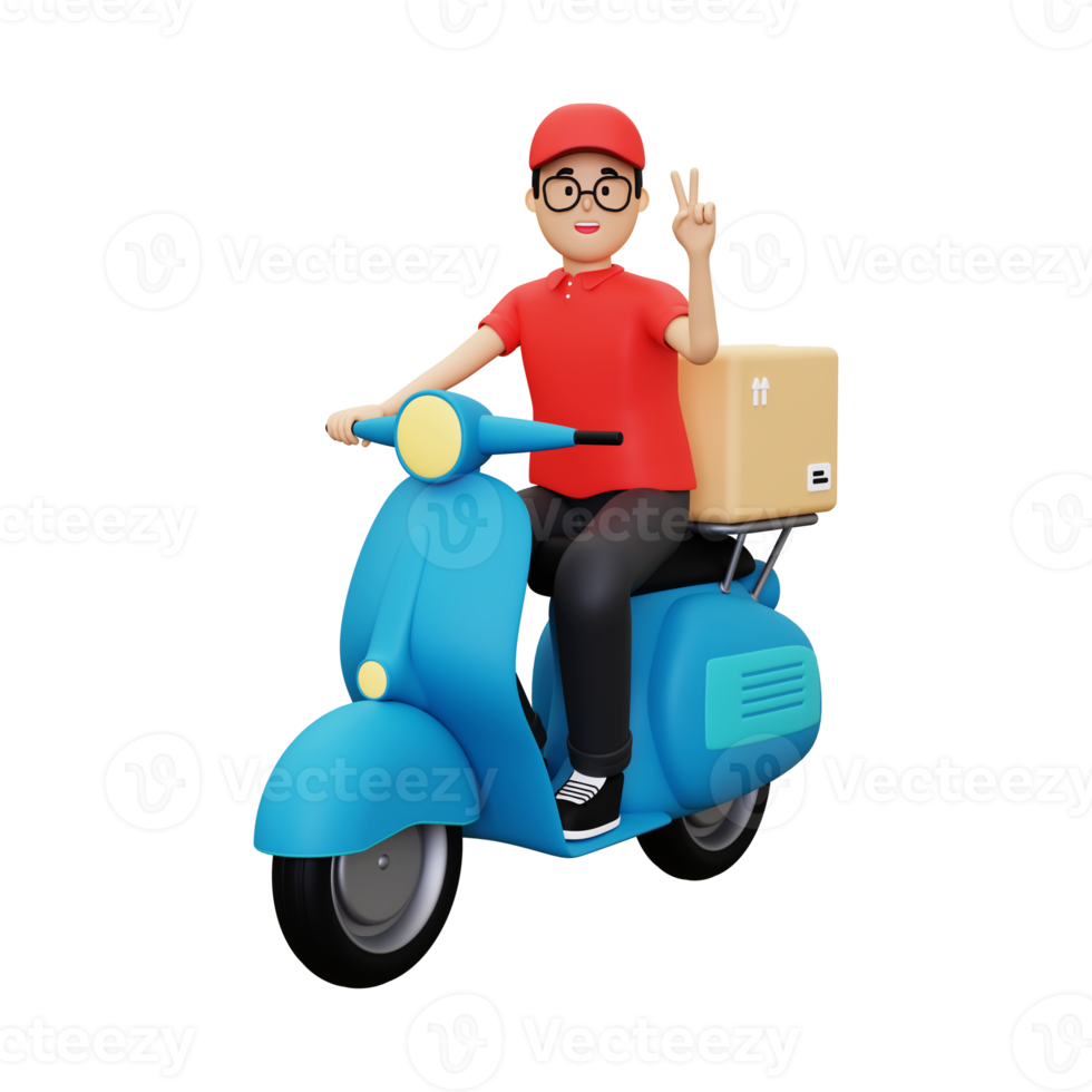 3d Deliveryman showing victory sign while riding scooter png