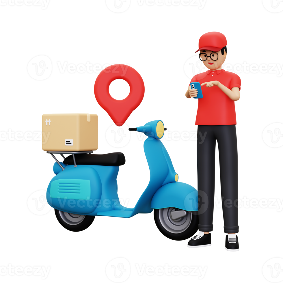 3d Deliveryman Looking at delivery location through smartphone png