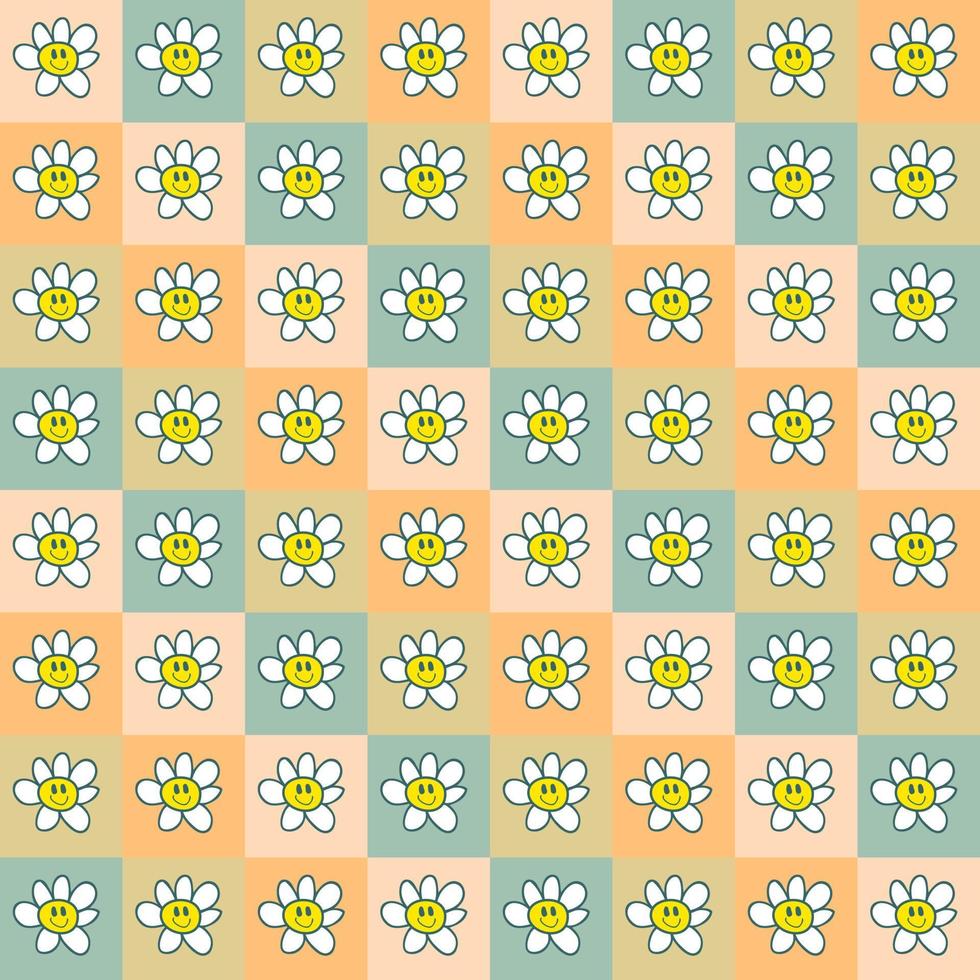 Daisy flowers seamless pattern with cartoon smiling faces. vector