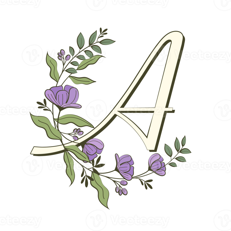 A-Z floral alphabet in filled outline style png
