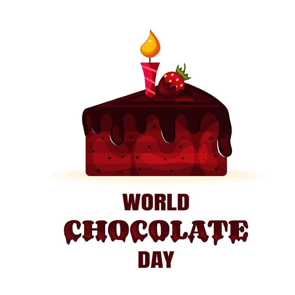 Piece of Chocolate Cake with Melting Chocolate Icing and Strawberries and a Burning Candle Card for World Chocolate Day vector