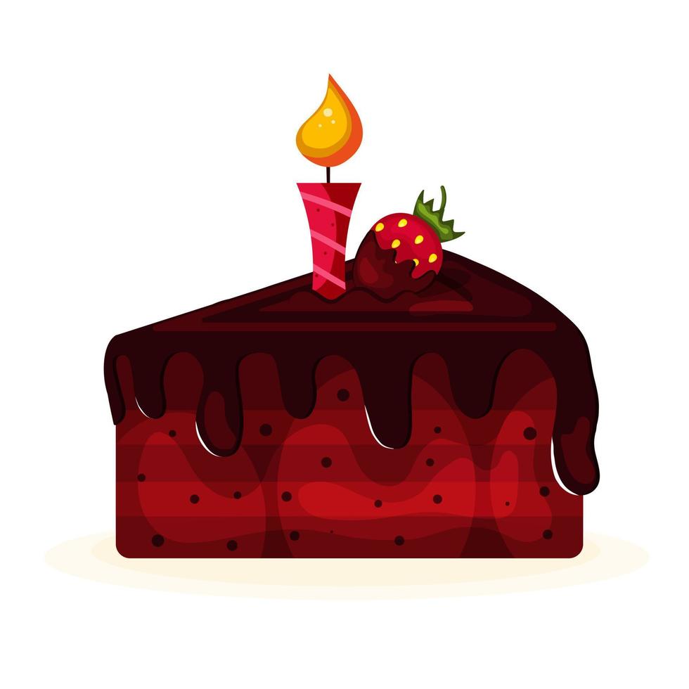 Piece of Chocolate Cake with Chocolate Cream and Chocolate covered Strawberries and Burning Candle vector