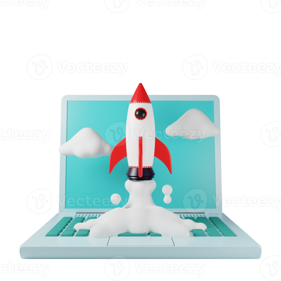 3d render Laptop with rocket launch. business technology design illustration png