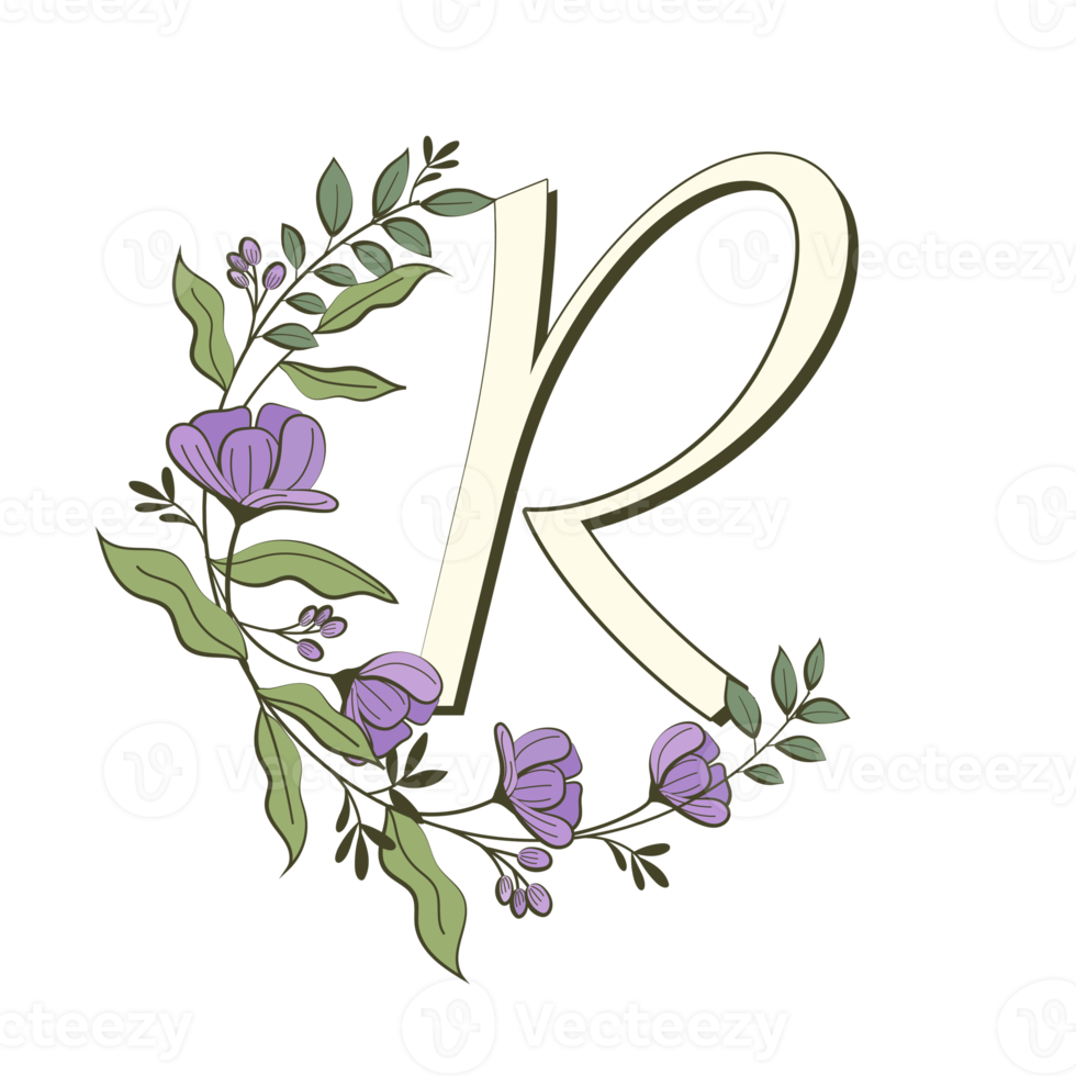 A-Z floral alphabet in filled outline style png
