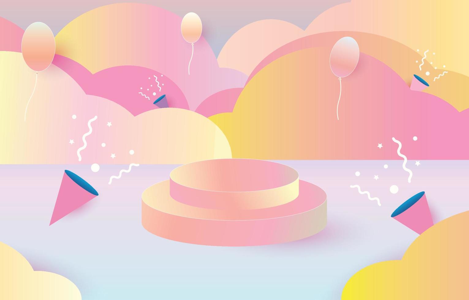 podio de producto en color pastel con nubes y globos. espacio vacío para niños o productos para bebés. vector