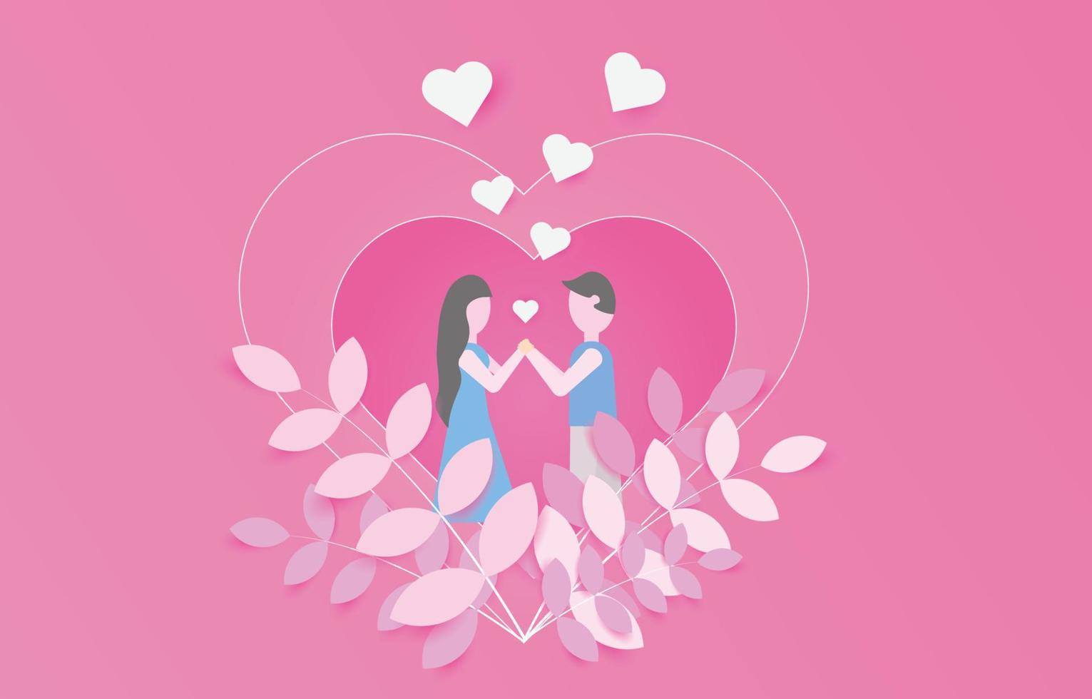 pareja joven tomándose de la mano en un gran corazón con muchos corazones flotando, amor de boda concepto de tarjeta de invitación de felicitación feliz, estilo de arte en papel. vector