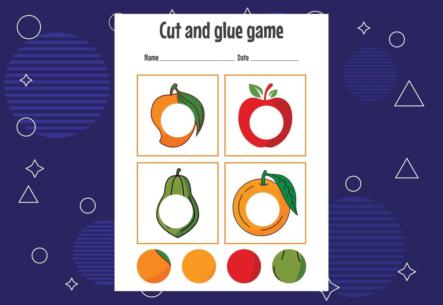 Cut and glue game for kids. Cutting practice for preschoolers. Education paper game for children vector