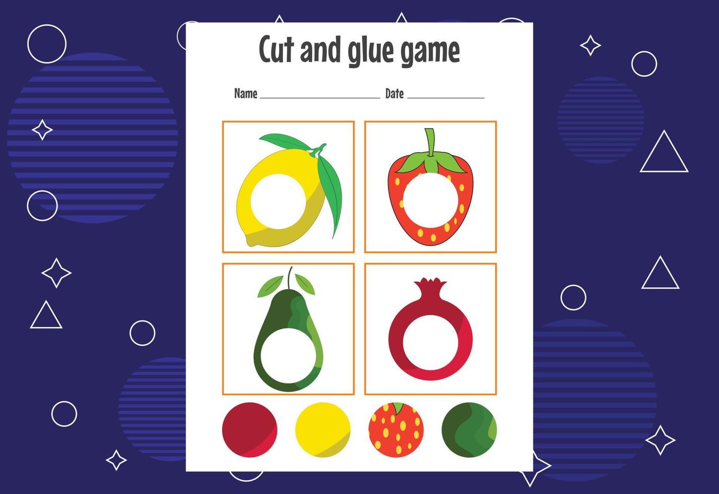 Cut and glue game for kids. Cutting practice for preschoolers. Education paper game for children vector