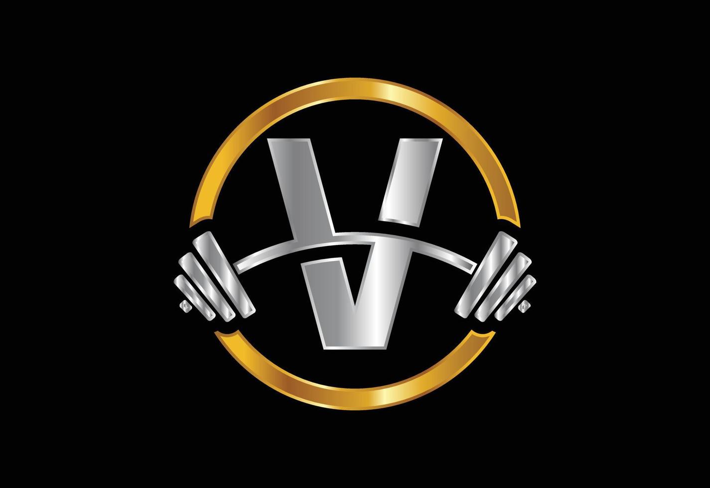 Initial V monogram alphabet with a barbell. Lifting vector logo design. Vector logo for bodybuilding
