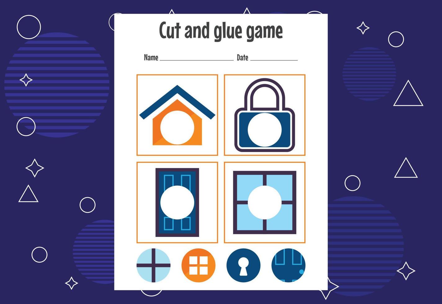 Cut and glue game for kids. Cutting practice for preschoolers. Education paper game for children vector