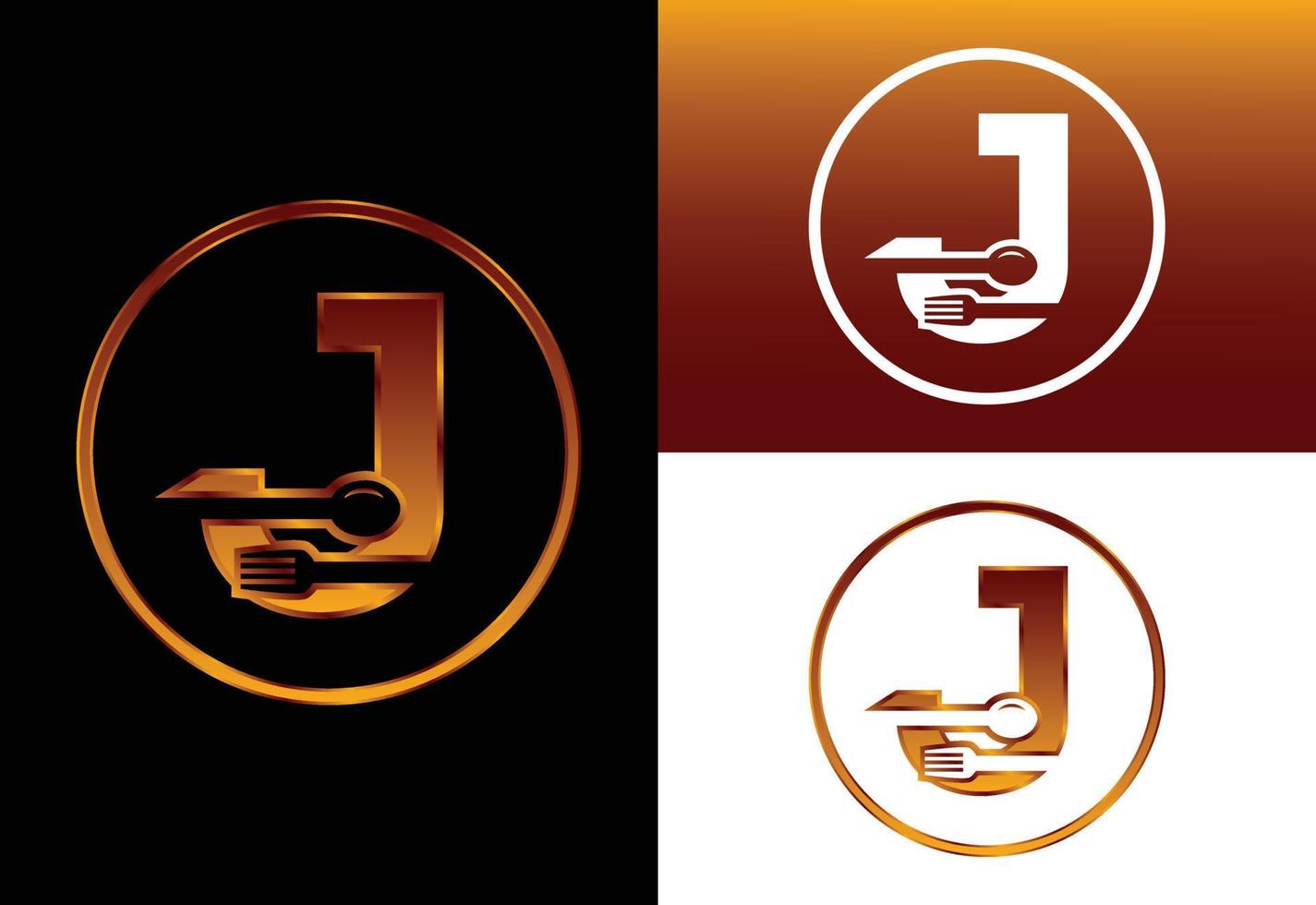 alfabeto inicial del monograma j con un tenedor y una cuchara. emblema de fuente logotipo vectorial moderno para café, restaurante, negocio de cocina e identidad de empresa vector