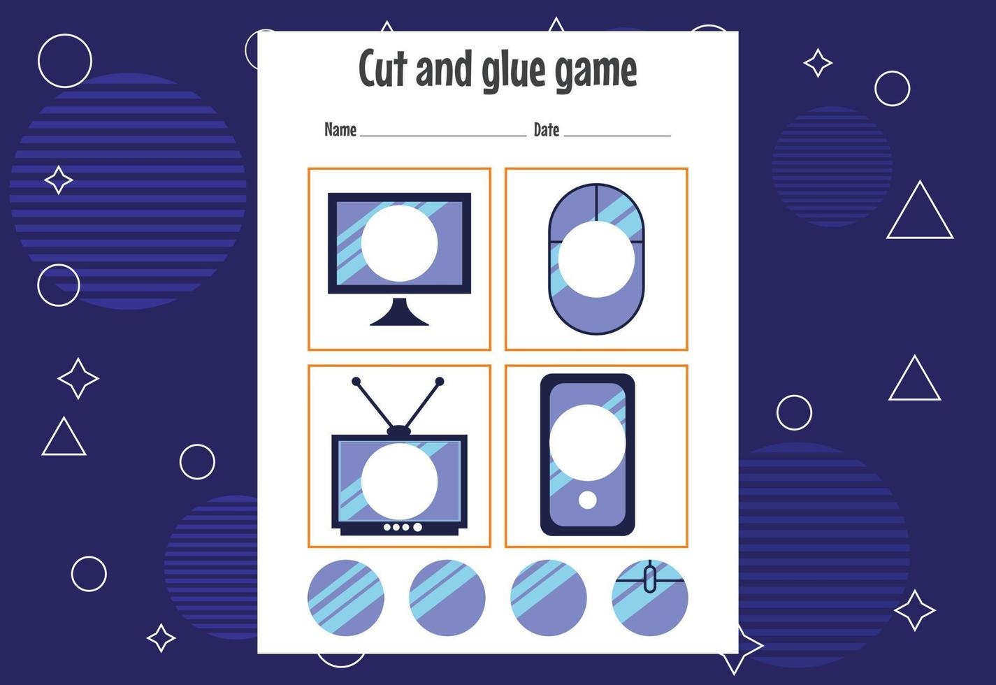 Cut and glue game for kids. Cutting practice for preschoolers. Education paper game for children vector