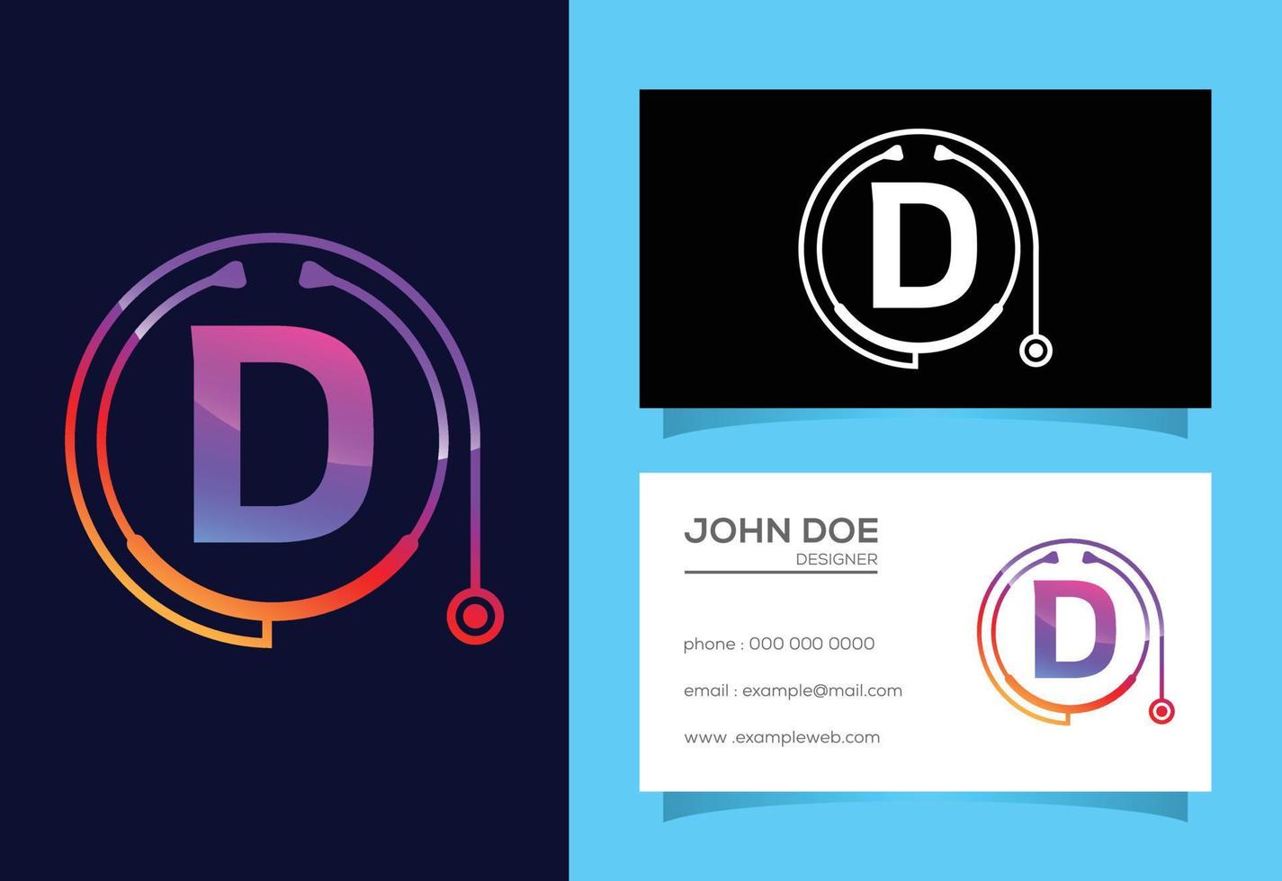 Initial D monogram alphabet with doctor stethoscope. Vector stethoscope logo or icon