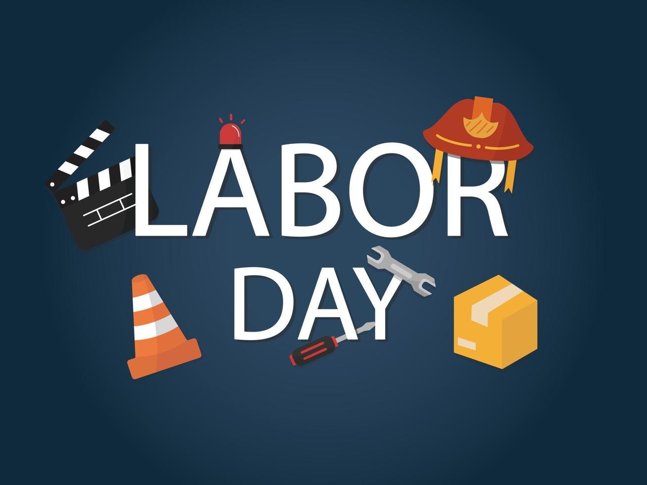 Vector icon of occupation equipment with Labor Day lettering isolated on blue background. USA Labor day festival design vector.