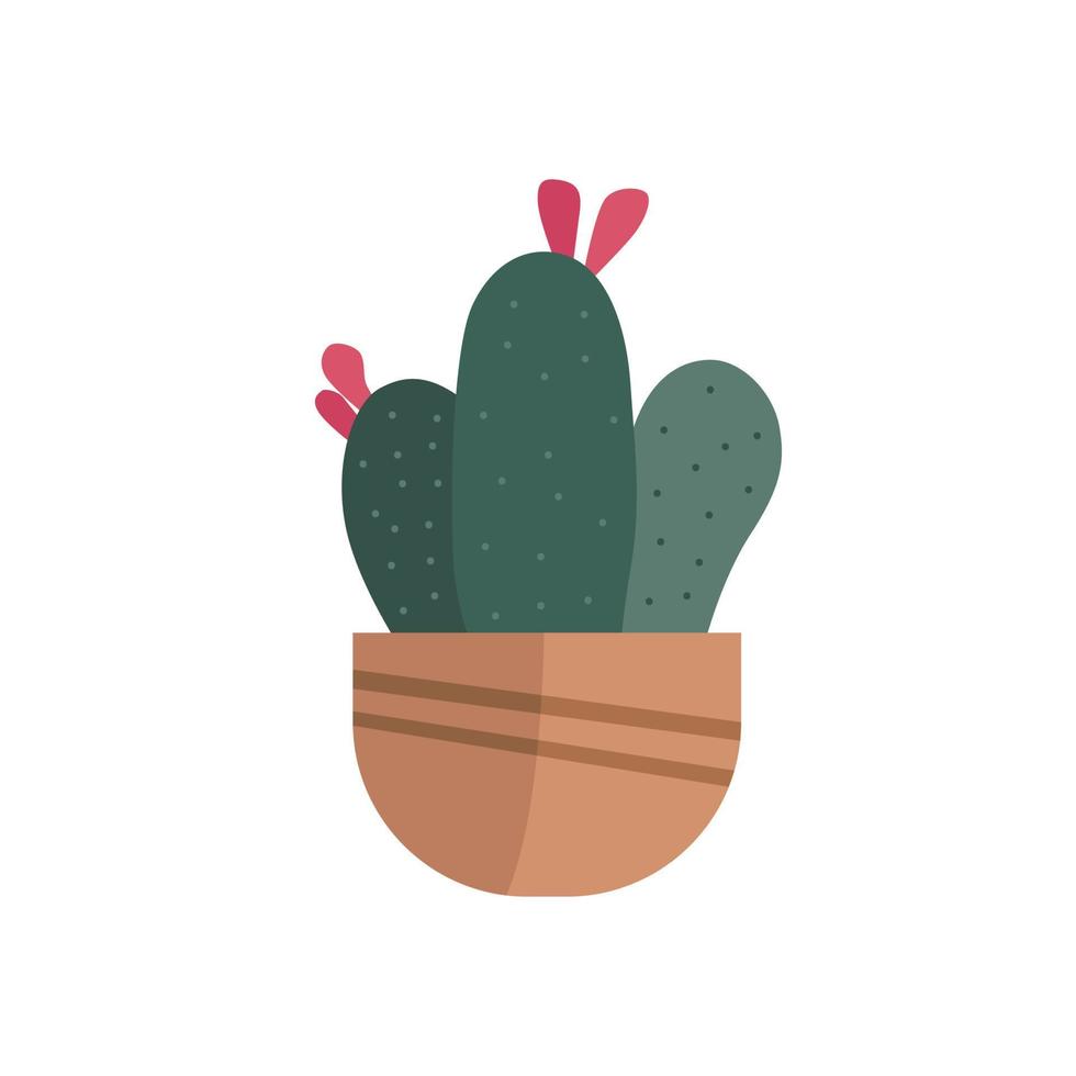 cactus dibujado a mano y flor rosa en el vector plano en maceta de medio círculo. ilustración de plantas aislado sobre fondo blanco.