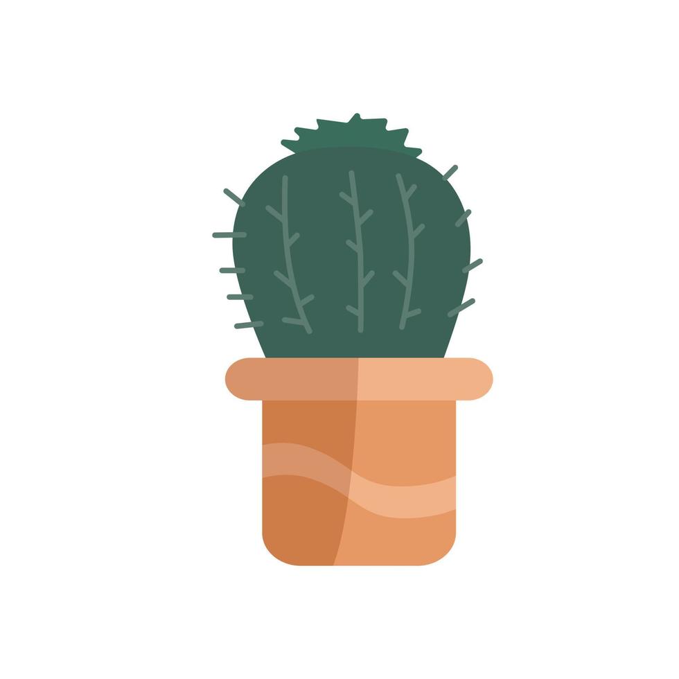Hand drawn flat vector circle shape cactus in the potted. Plants illustration isolated on white background.