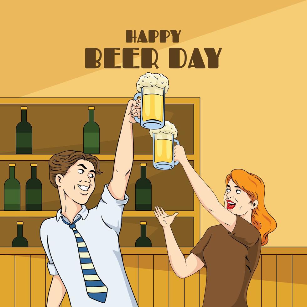 concepto del día internacional de la cerveza con hombre y mujer brindando cerveza vector